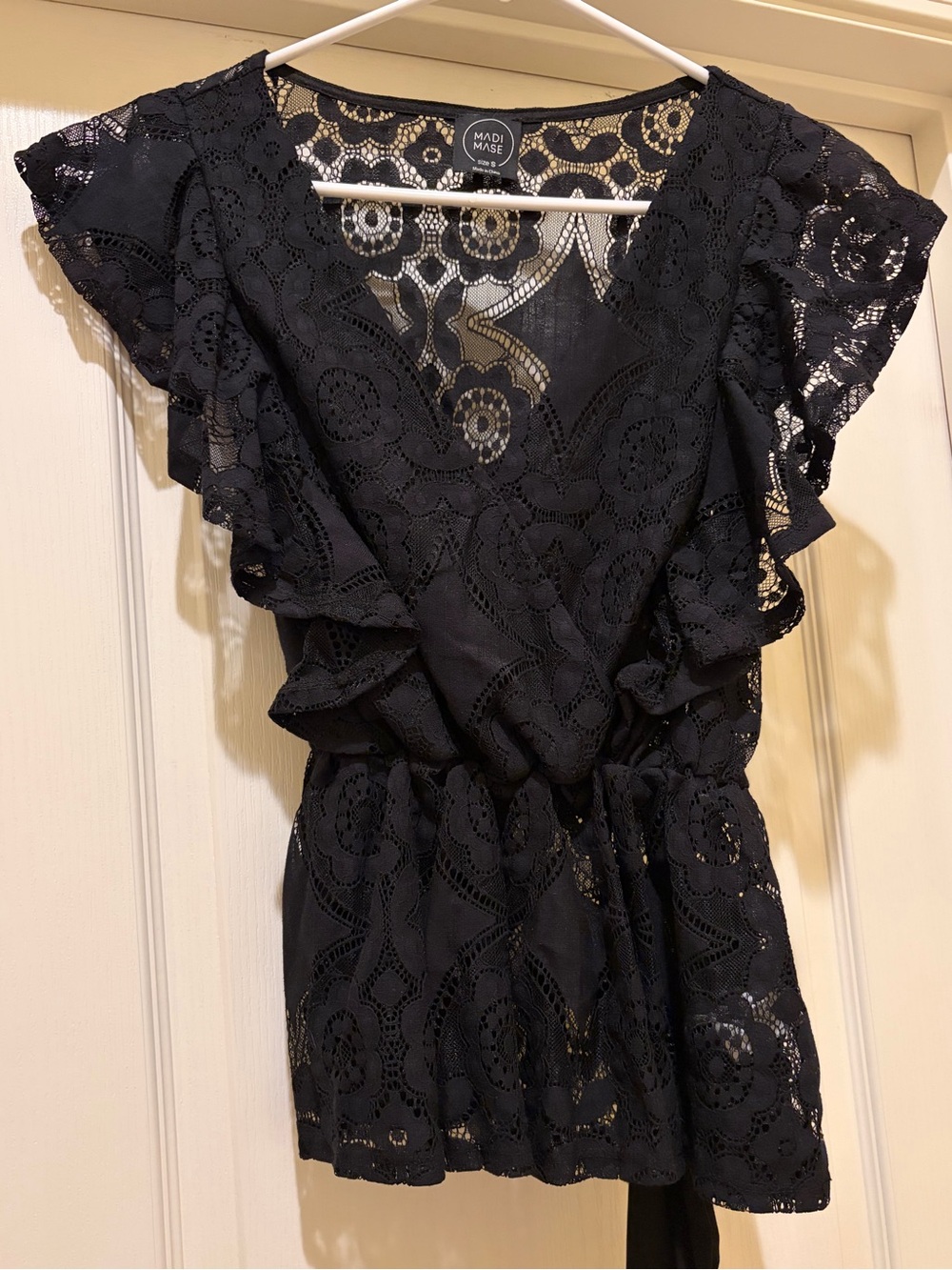 Madi Mase Black Lace Flutter Sleeve Top